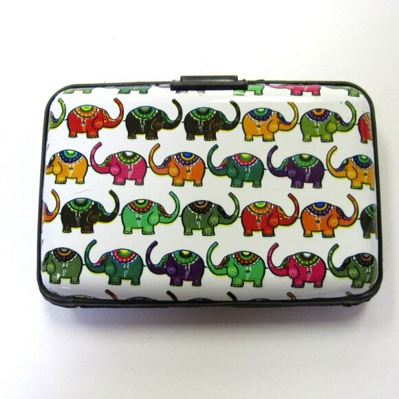 Multicolor Elephant Print Hard Sided Credit Card Holder Case Wallet New - Picture 2 of 2